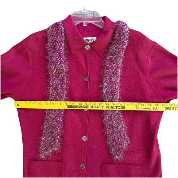 Chicos Boiled Wool Cardigan Jacket Womens 2 L Magenta Button Up w/Eyelash Scarf - Picture 12 of 14